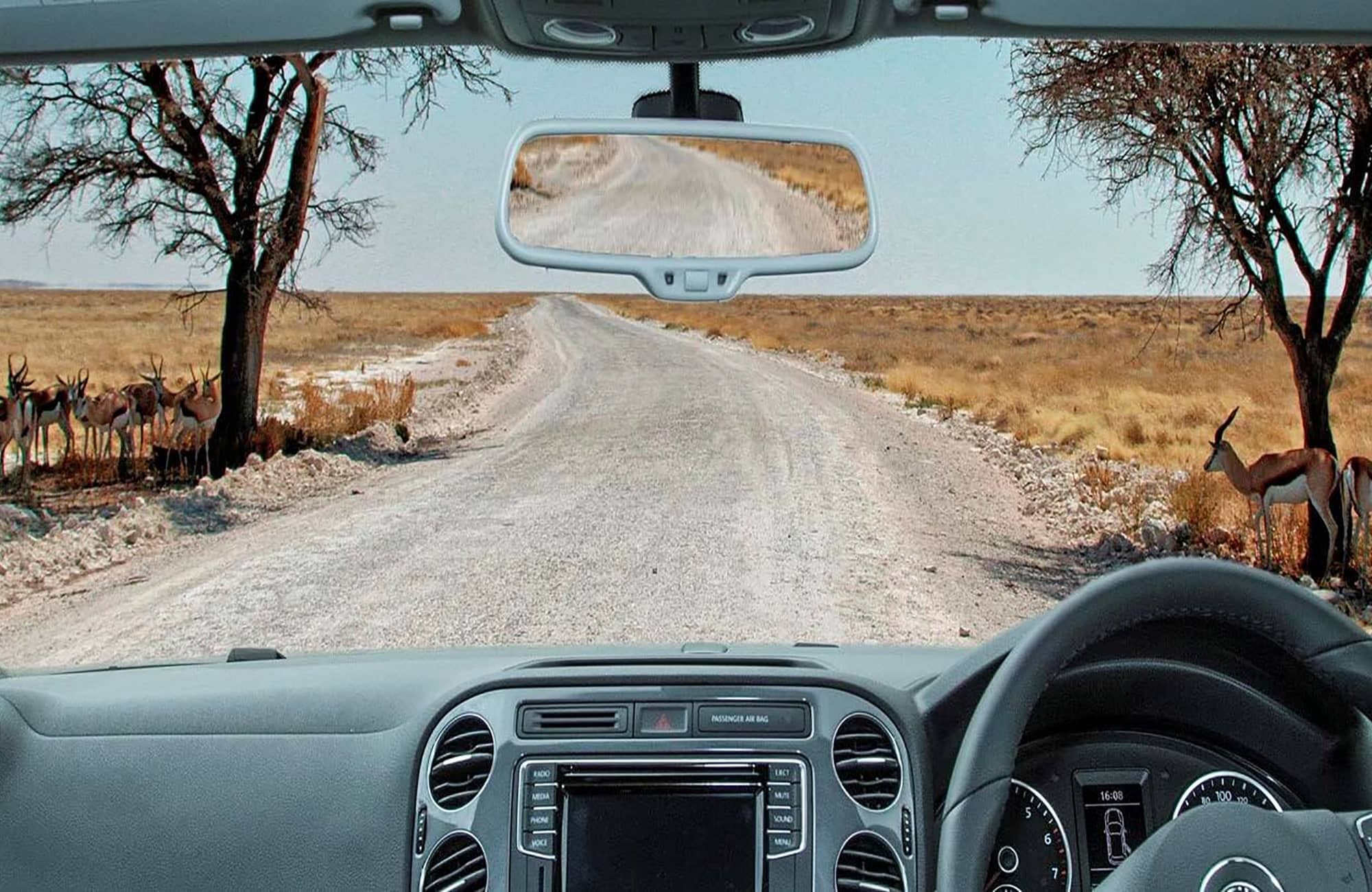 Dusty road, view from rental car, Namibia