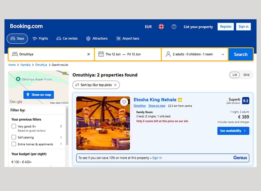 Screenshot of online booking platform