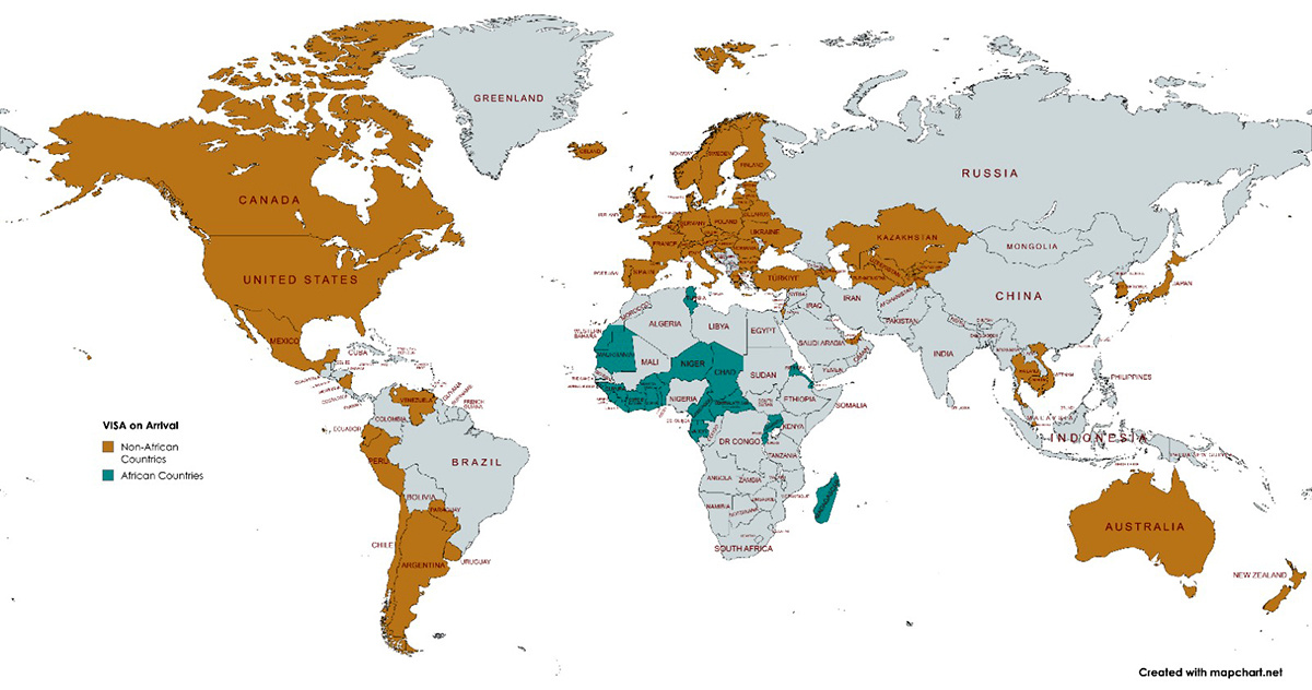 Visa on Arrival for Namibia world map